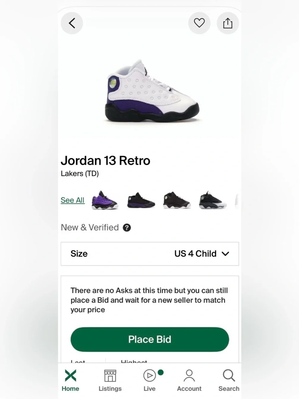 ✨Air Jordan 13 Retro ‘Lakers', TD Size 6C✨